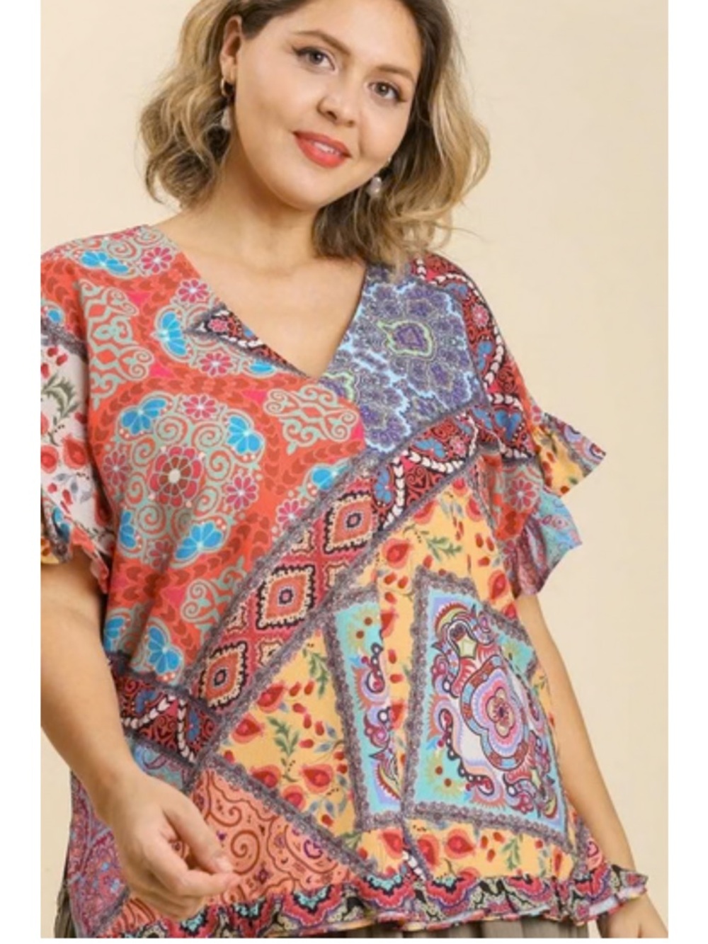 Umgee Mixed Print Ruffle Sleeve Blouse - Picture 2 of 6